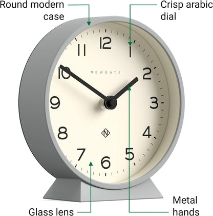 NEWGATE® M Mantel Echo Desk Clock | Modern Round Design | Posh Gray | Easy to Read Numbers | Contemporary Style for Desk, Table, Shelf or Bedside