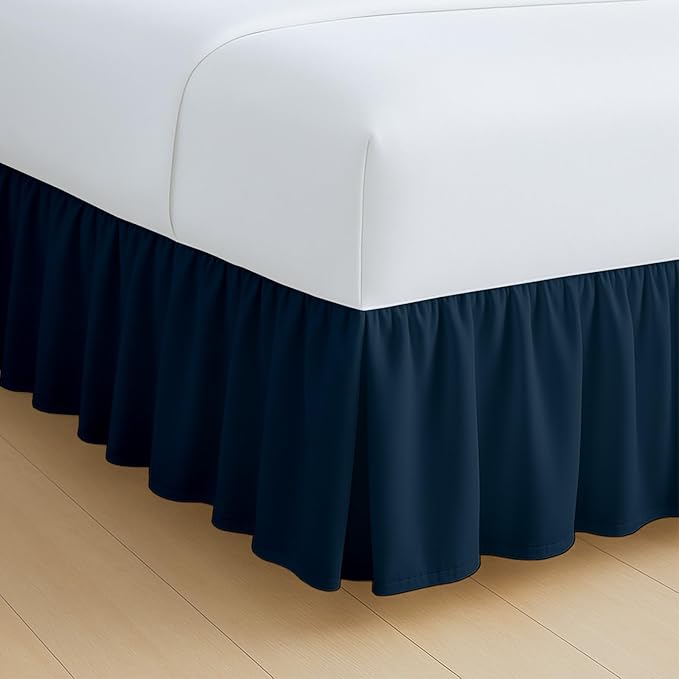 Rajlinen Ruffled Bed Skirt Twin, 10 Inch Drop Dust Ruffle with Split Corners, 100% Microfiber Bedskirt with Platform, Three-Sided Coverage Ruffled Gathering Design, Navy Blue
