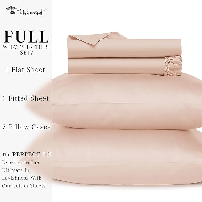 URBANHUT 800 Thread Count 100% Cotton Full Size Sheets, Luxury 4 Piece Full Bedsheets, Hotel Sheets Sateen Finish - Better Than Egyptian, 16" Elasticized Deep Pocket - Blush Pink
