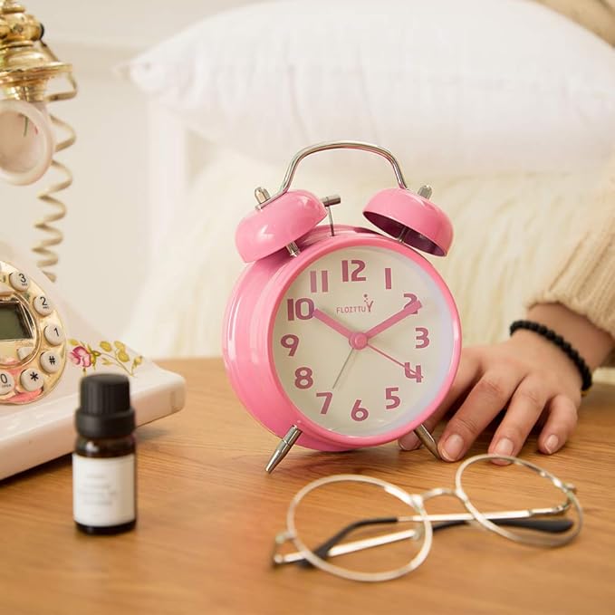 {Loud Alarm for Deep Sleepers) 4'' Twin Bell Alarm Clock with Backlight for Bedroom and Home Decoration(Pink)