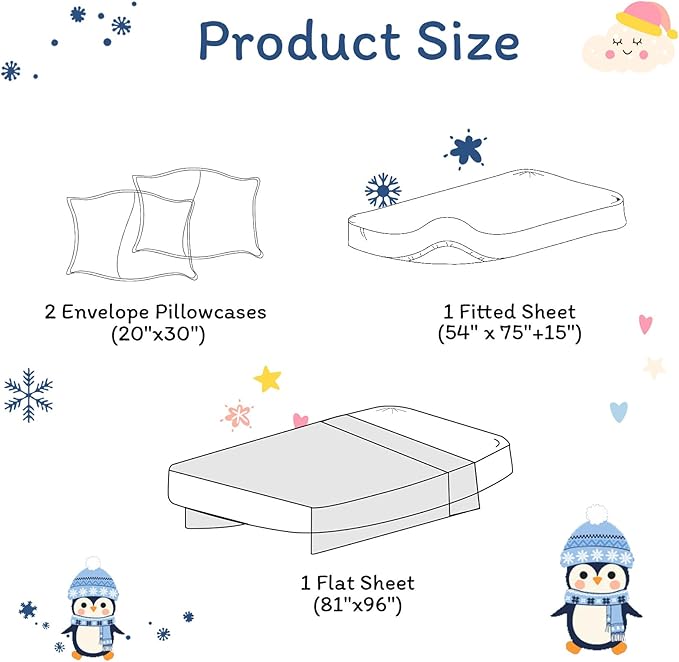 JSD Penguin Snowflakes Kids Christmas Sheet Set Full Size, 4 Piece Blue Printed Microfiber Sheets Deep Pocket