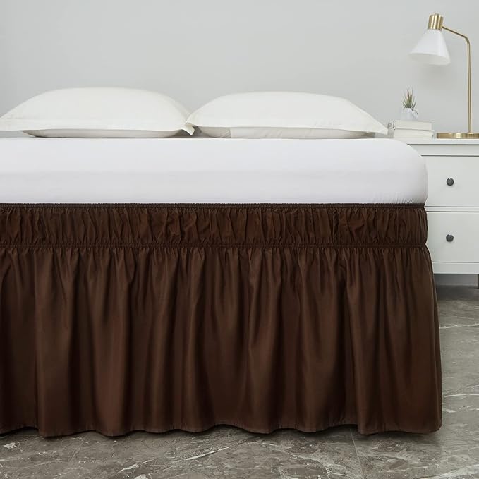 MEILA Bed Skirt Three Fabric Sides Elastic Wrap Around Dust Ruffled Solid Bed Skirts Easy On/Easy Off 16 Inch Tailored Drop, Chocolate, Queen/King