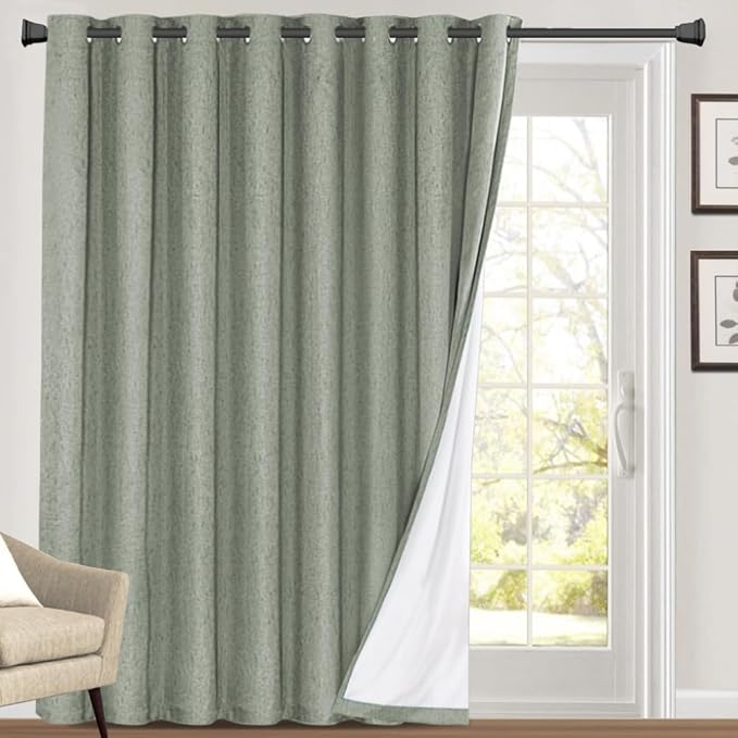PrinceDeco 100% Linen Blackout Curtains 108 Inches Long Faux Linen Blackout Curtains for Bedroom Extra Wide Curtains for Sliding Glass Doors Patio Door Curtains,W100 X L108 Inch,Green Bay