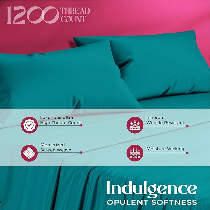 Mayfair Linen 100% Egyptian Cotton Full Size Bed Sheets - Luxury 1200 Thread Count Egyptian Cotton Sheets Full Size Bed Set (4 PC, Teal), Silky Soft, Cooling, 17" Deep Pocket Sateen Weave Bedding