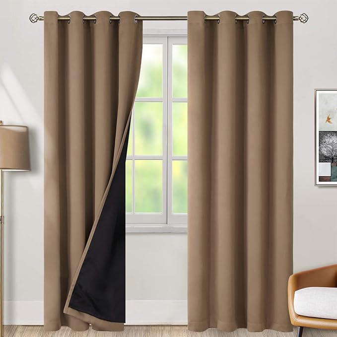 BGment 100% Blackout Curtains for Bedroom Window 84 Inch Length 2 Panels Set, Thermal Insulated Full Light Blocking Grommet Drapes for Living Room Darkening with Black Liner, 52 Inch Wide Each, Taupe