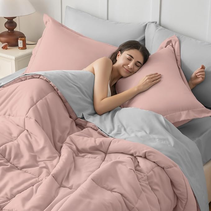 JOLLYVOGUE Twin Comforter Set, Ultra-Soft Bed in a Bag Twin Size 5 Pieces, Oeko-TEX Certified Bedding Set with Down Alternative Comforter, Sheets, Pillowcases & Shams, Pink & Light Grey