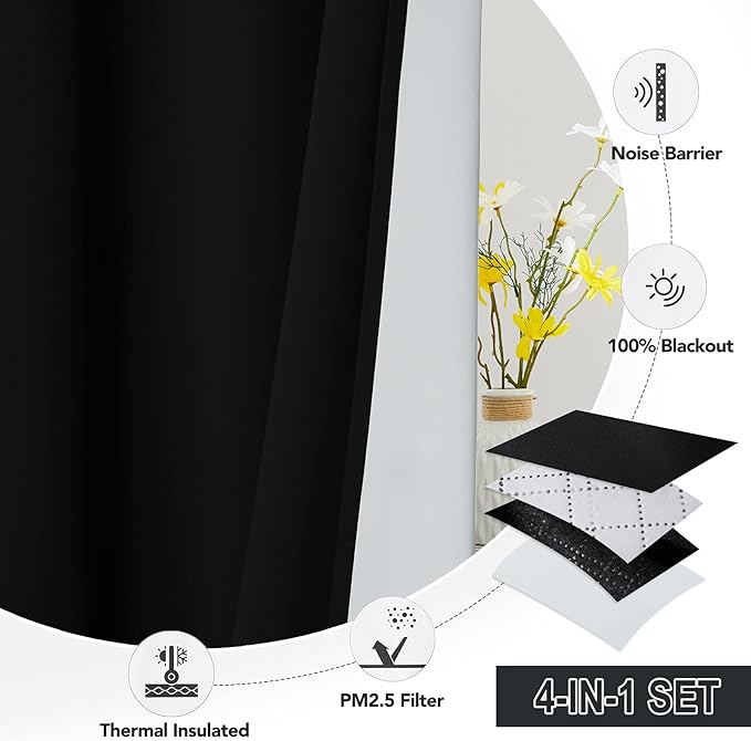 RYB HOME Dust & Odor Isolated Curtains for Living Room, Anti Dust Full Light & UW Ray Block Thermal Insulated Window Panels for Sliding Glass Door Laundry Room Furance, Black, W52 x L95 inch, 2 Pieces