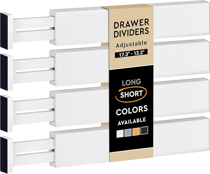 4-Pack Bamboo Drawer Dividers - 2.6" High, 12.5"-17" Adjustable Drawer Organizers for Clothes, Expandable Dresser Separators in Bedroom/Bathroom/Kitchen/Office Organization and Storage (White)