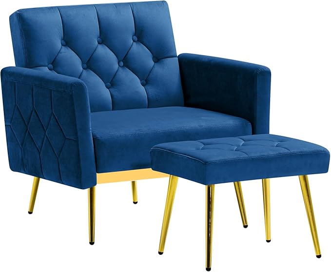Velvet Accent Chair w/Adjustable Armrests and Backrests, Tufted Single Sofa with Ottoman, Upholstered Reading Chiar for Living Room, Apartment, Bedroom, Blue