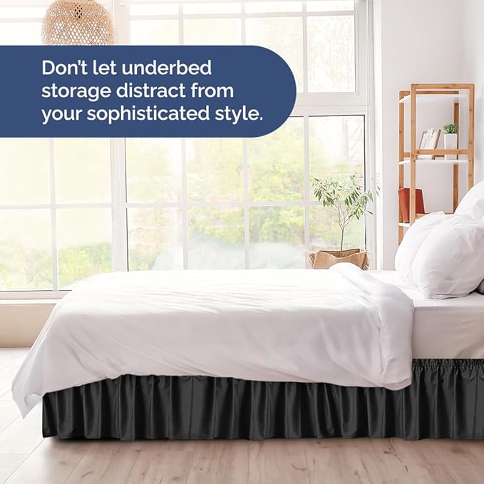 Wrap Around Dust Ruffle Bed Skirt - Black - for Twin Size Beds w/ 16 Inch Drop - Easy Fit Elastic Strap - Adjustable Pleated Bedskirt w/Brushed Fabric, Wrinkle & Fade Free Women, Men, Kids & Teens