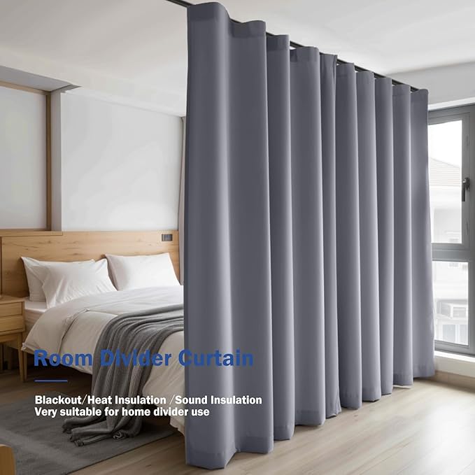 Room Divider Blackout Curtain Track Curtains Wall Dividers Panels Screen for Living Rooms Bedroom Office Privacy Partition Separation, W100 × L96 Inch,1 Panel, Light Grey