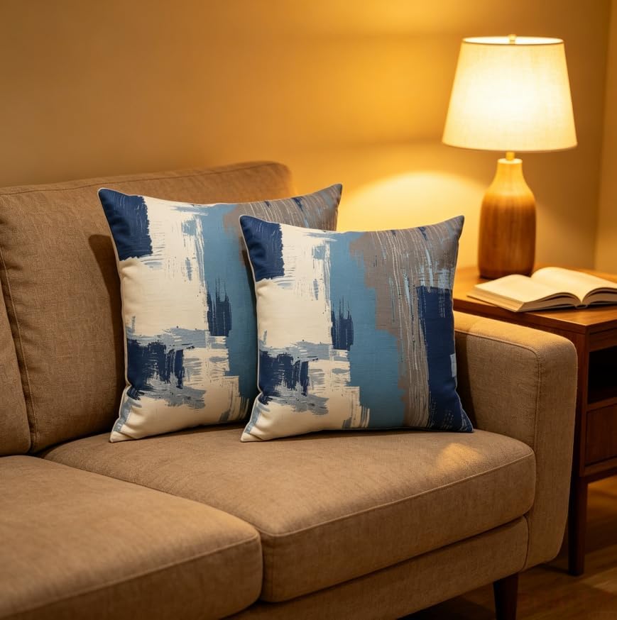 Abstract Blue Grey Throw Pillow Covers 18x18 Set of 2, Linen Cushion Cases - Image 7