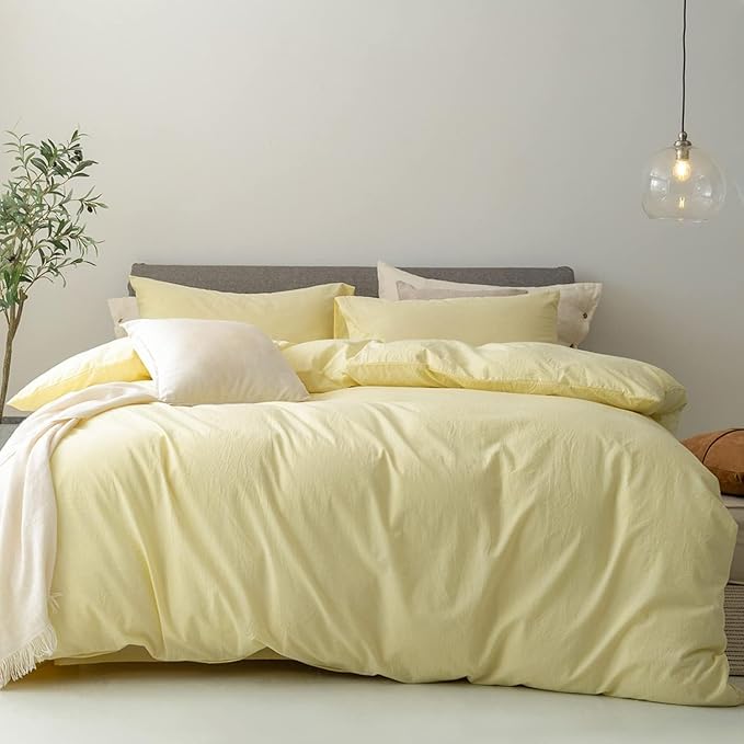 FOSSA Duvet Cover Set 100% Washed Cotton Linen Feel Super Soft Breathable Cozy 3 Pieces Bedding Sets Solid Pastel Yellow Full/Double