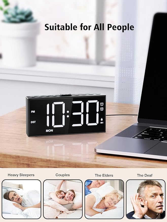 PPLEE Loud Alarm Clock for Heavy Sleepers,Dual Vibrating Alarm Clock with 3-level Vibration for Hearing-impaired Deaf,Weekday/Everyday Mode,5 Dimmer,5 Volume,Large Numbers,USB Charger,Power-off Memory