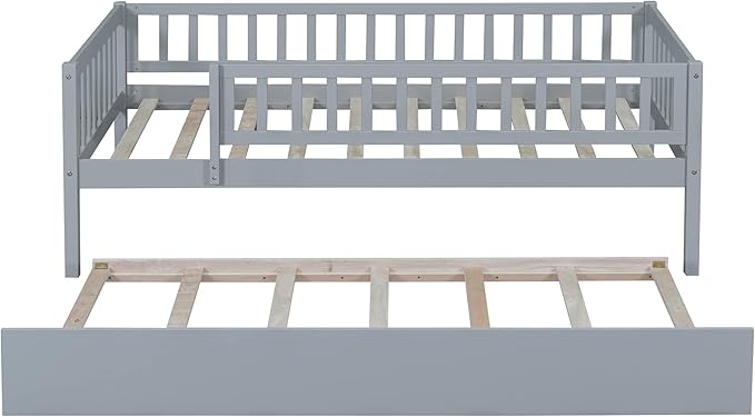 Bellemave Twin Kids Bed Frames with Rails for Kids, Twin daybed with Trundle for Boys/Girls/Adults，Gray