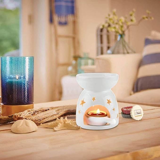 HwaGui Ceramic Tea Light Holder,Aromatherapy Oil Burner Candle Warmers Home Decoration Romantic White Star Pattern, 2PCS