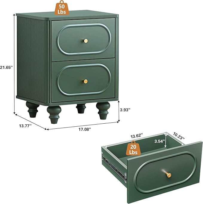 2 Drawer Fluted Mini Small Dresser for Bedroom Set of 2, Mid Century Modern Nightstand Bedside End Table, Wood Storage Dresser Organizer for Bedroom, Green