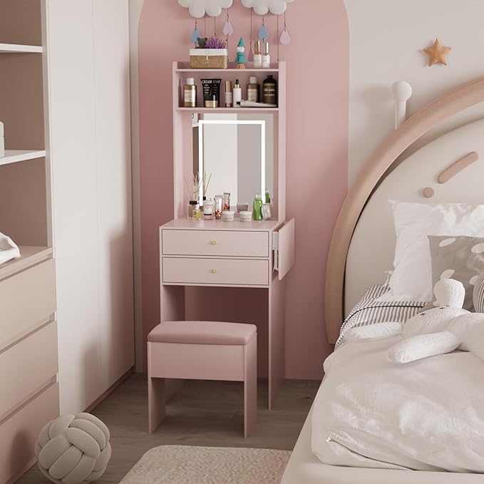 ARTETHYS Small Vanity Desk Set with 3 Adjustable Lighted Mirrors and Lights, Pink Makeup Vanities Set for Compact Space with Storage Stool White Dressing Table with Fold-up Panel for Bedroom