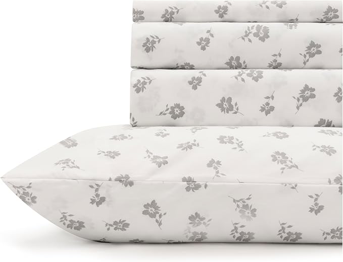 Linen Home 100% Cotton Printed Percale Sheets California King Size, Deep Pocket, 4 Pieces Set - 1 Flat, 1 Deep Pocket Fitted Sheet and 2 Pillowcases, Crisp Cool Bed Linen, Grey Silhouette Floral