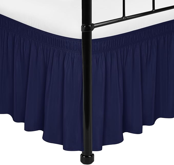 Biscaynebay Wrap Around Bed Skirts with Split Corners for Queen Beds 16" Drop, Navy Elastic Dust Ruffles Adjustable Easy Fit Wrinkle & Fade Resistant Silky Luxurious Fabric Machine Washable