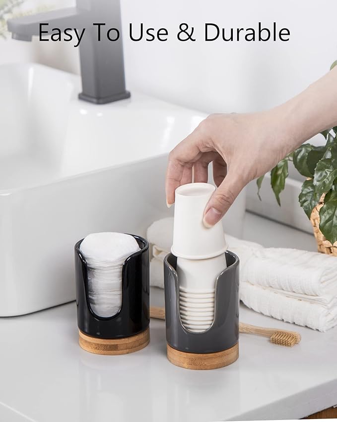 Ceramic Bathroom Cups Dispenser - 3 oz Disposable Paper & Plastic Bathroom Cups Holder - Mouthwash Cups Dispenser for Bathroom, Guest Toiletries, Countertop, Coffee - BPA Free (2 Pack)