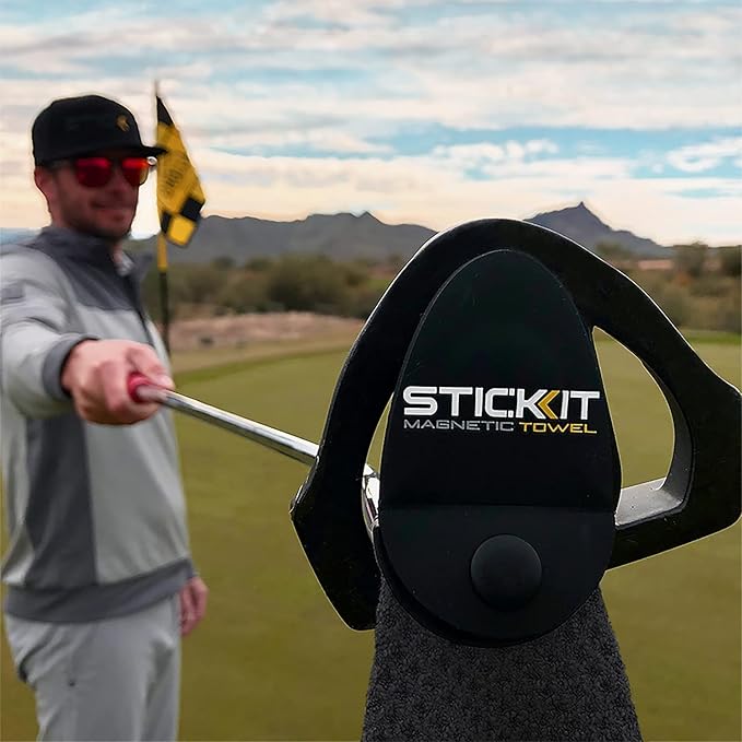 STICKIT Magnetic Towel, Black | 2-Pack | Top-Tier Microfiber Golf Towel with Deep Waffle Pockets | Industrial Strength Magnet for Strong Hold to Golf Carts or Clubs