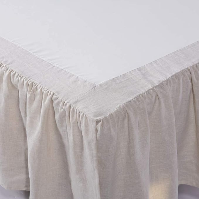 MEADOW PARK Washed French Linen Bed Skirt, Dust Ruffl, Full Size 54" W x 75" L, Drop 16", Super Soft, Ruffle Style, Natural Color