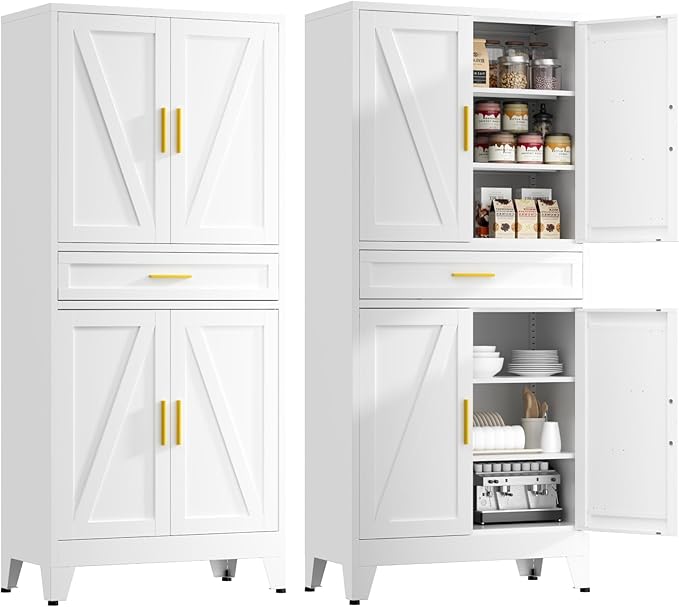71" Tall Farmhouse Pantry Cabinet,Metal Cabinet with Adjustable Shelves and Drawer,Storage Cabinet for Kitchen Dining Room Garage,White