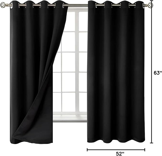 BGment Thermal Insulated 100% Blackout Curtains for Bedroom with Black Liner, Double Layer Full Room Darkening Noise Reducing Grommet Curtain (52 x 63 Inch, Black, 2 Panels)