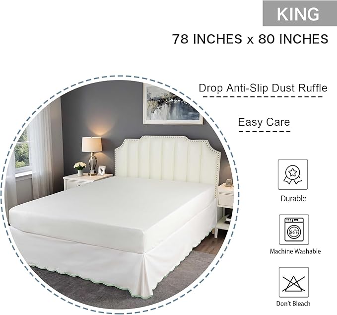 HIG Off-White Chic King Bed Skirt - Easy Fit Scallop Edge Pleated Bedskirts, 14 Inch Drop Anti-Slip Dust Ruffle, Thick Fabric for Enhanced Privacy, Pre-Washed for Long-Lasting Use(N60022)