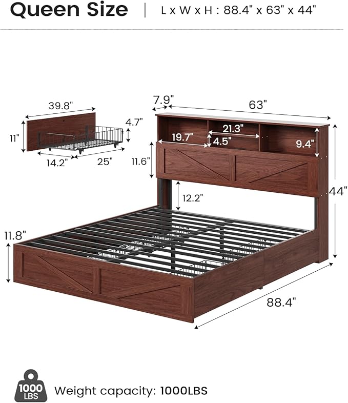 AOGLLATI Farmhouse Queen Bed Frame with 4 Storage Drawers and Led Lights, Wooden Bed Frame Queen Size with Hidden Space Bookcase Headboard and Led Lights & Metal Slats, Mahogany