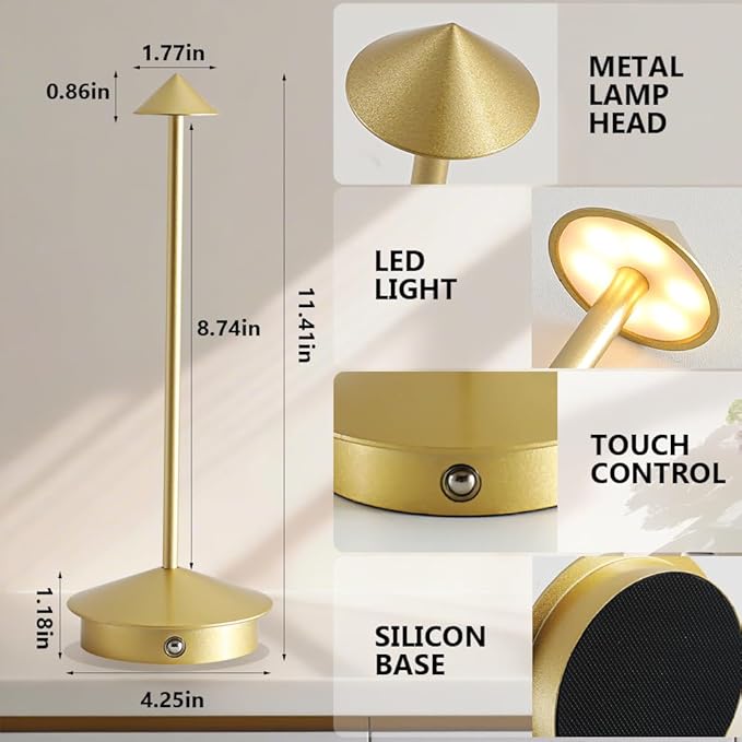 Cordless Table Lamp, 5000mAh Rechargeable Battery Powered LED Desk Lamp, Portable Touch Control Outdoor Table Lamps,3 Color Dimmable Light for Restaurant, Patio, Bedroom, Night Lamp (Gold)