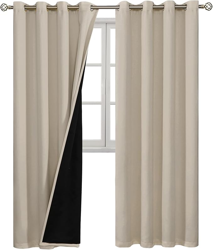 BGment Thermal Insulated 100% Blackout Curtains for Bedroom with Black Liner, Double Layer Full Room Darkening Noise Reducing Grommet Curtain (52 x 90 Inch, Cashmere, 2 Panels)