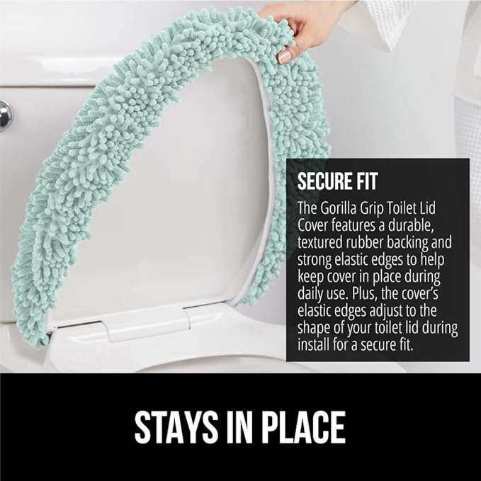 GORILLA GRIP Soft Chenille Bathroom Toilet Lid Cover, Machine Washable Seat Covers, 19.5x18.5, Stays in Place Rubber Backing, Fits Most Round, Elongated and Oblong Lids, Accessories Decor, Seablue
