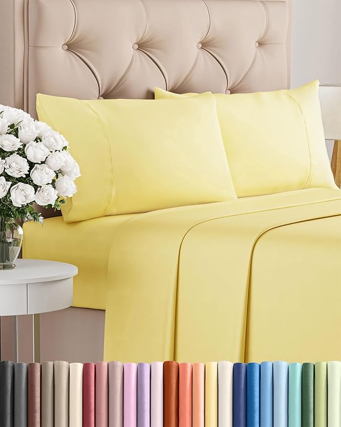 Twin XL 4 Piece Sheet Set - Cooling, Comfy & Breathable - Hotel Luxury Bedding, Includes Fitted Sheet for Women, Men, Kids & Teens - 1 Flat, 1 Fitted Sheet, 2 Pillowcases with Deep Pockets - Yellow