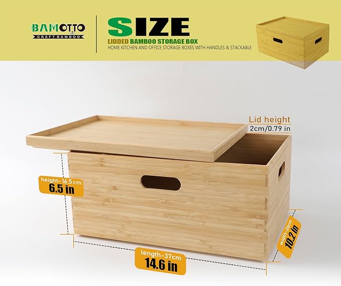 BAMOTTO Lidded Bamboo Storage Bins & Box/Cube/Basket, Home Kitchen and Office Storage Boxes with Handles & Stackable for Organizer Tableware, Clothing, Toys, Office Shelf Books, 14.6”x10.2”x6.5”