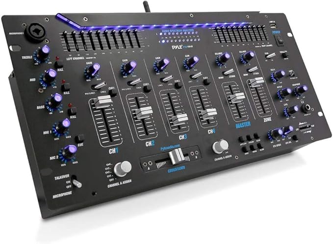Pyle 6 Channel Mixer DJ Controller with Bluetooth, Professional Sound Digital Mixing System with LED Illumination, Slider Controls, Speed Control, 10 Band Equalizer 5U Rack Mount System - PYD1964B.5