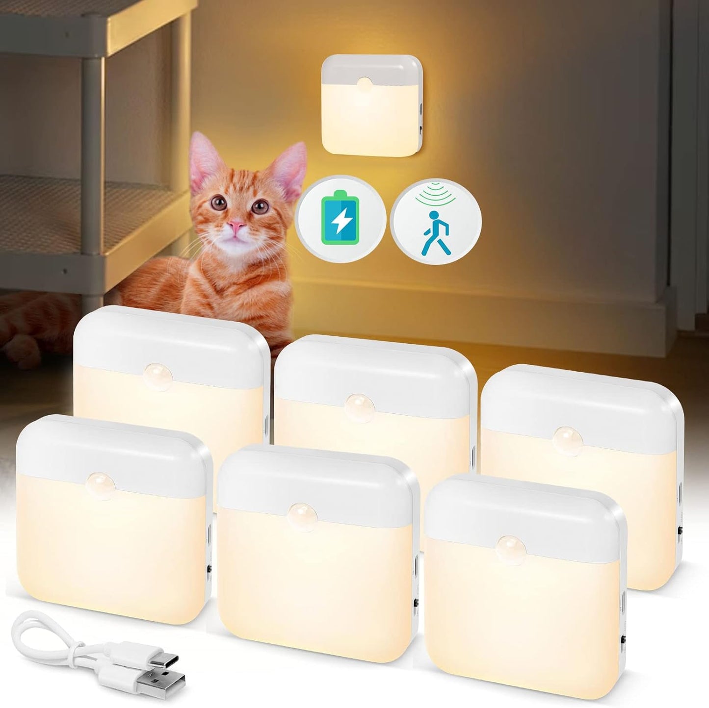 USB Rechargeable Battery Night Light Indoor,Stick-on Motion Sensor Puck Night Lights-No Need Plug Into Wall,Mini Motion Sensor Closet Lights for Stair Hallway Bedroom Toilet Cabinet,6 pcs,Warm White