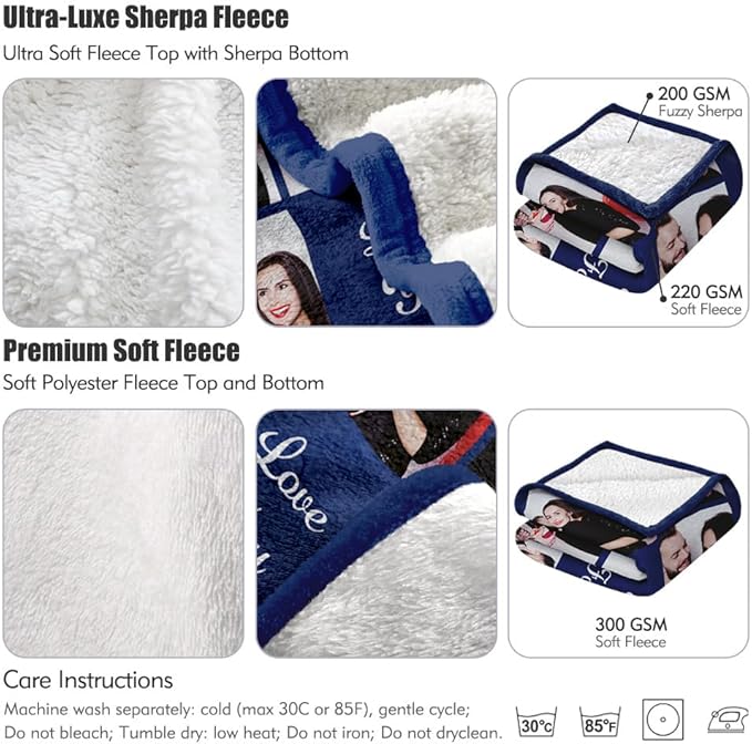 Custom Sherpa Fleece Blanket with Photos and Text - Soft Warm Fuzzy Personalized Couples Gift for Boyfriend Girlfriend - Customized Picture Blanket for Birthday Anniversary Christmas