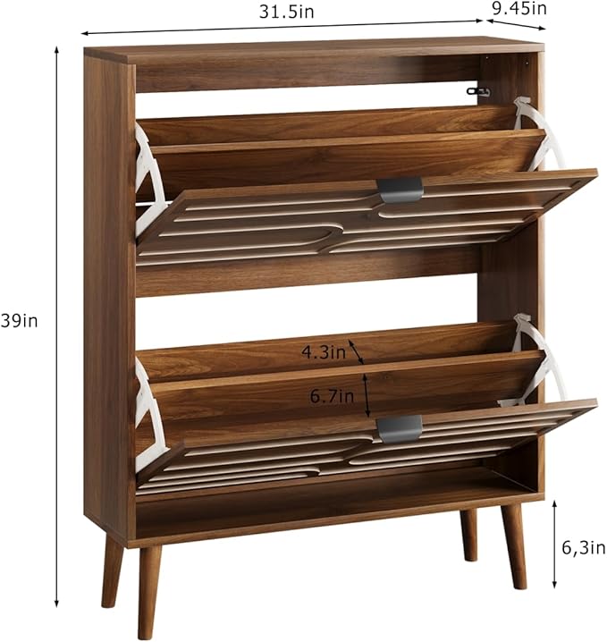 Vibe & Dine Modern Shoe Cabinet with 2 Flip Drawers, Shoe Storage Organizer for Entryway Slim, Freestanding Wood Shoe Rack Cabinet for Hallway, Bedroom, Living Room, Walnut