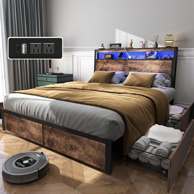 Full Size Bed Frame with 4 Storage Drawers and Headboard with Charging Station and LED Lights,2 Tier Solid Wood Headboard Storage,Noise Free, No Box Spring Needed/Remote/Vintage Brown