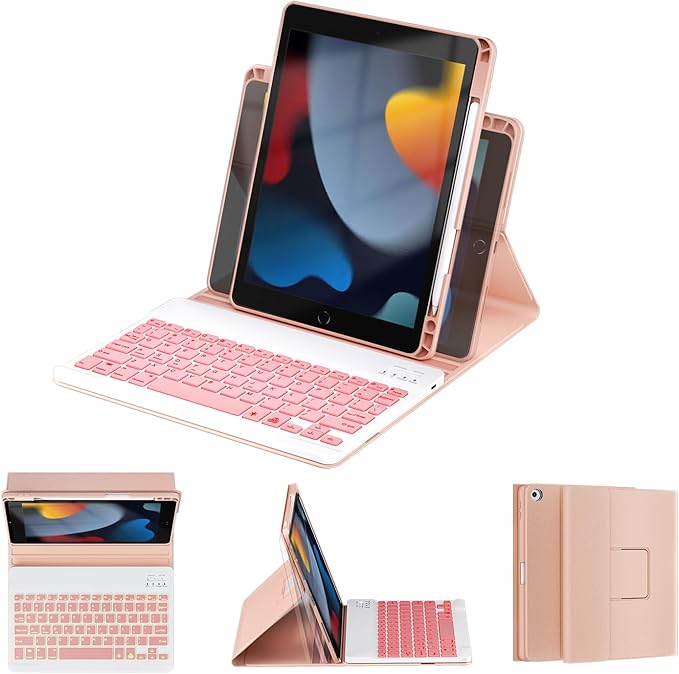 OYEEICE for iPad 9th Generation Case with Keyboard - Detachable Backlit Keyboard - Rotatable Cover with Pencil Holder for iPad 9th/8th/7th Gen, iPad Air 3rd Gen & iPad Pro 10.5" - Pink
