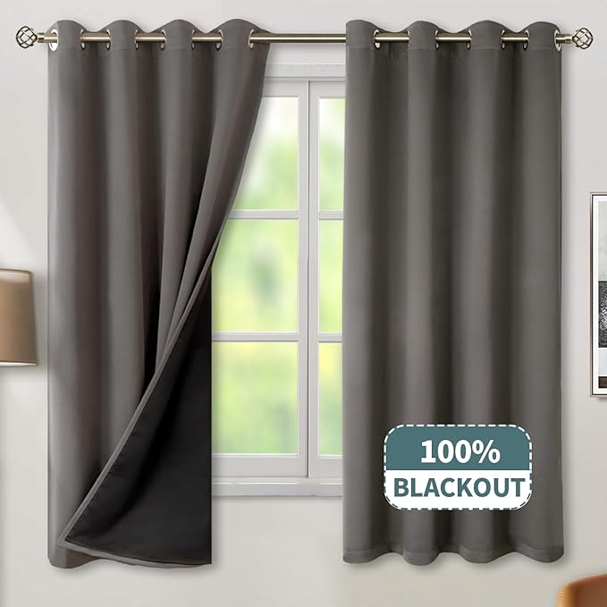 BGment Thermal Insulated 100% Blackout Curtains for Bedroom with Black Liner, Double Layer Full Room Darkening Noise Reducing Grommet Curtain (52 x 63 Inch, Grey, 2 Panels)