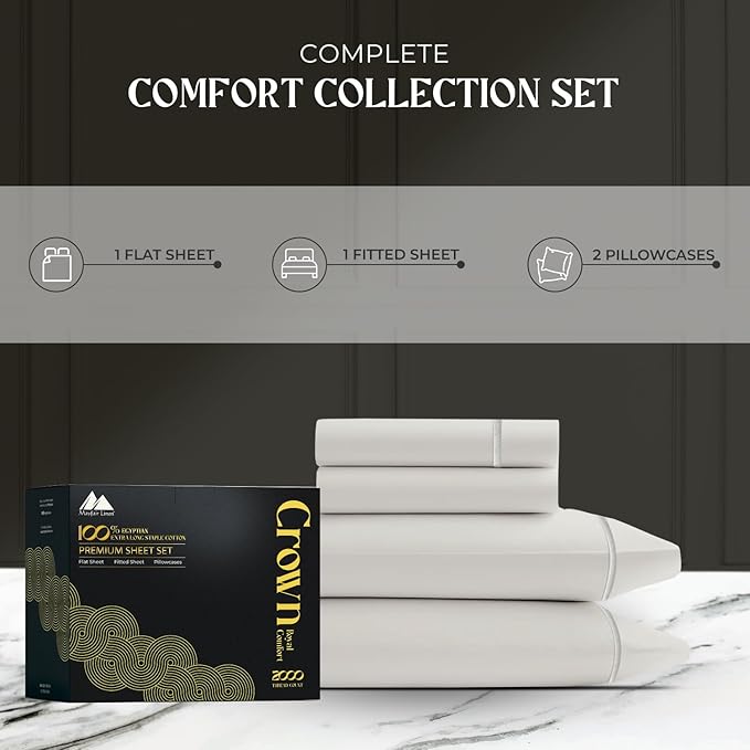 Mayfair Linen 100% Egyptian Cotton Queen Sheets Set - 2000 Series Luxury Sheets Queen Size Bed Set, Soft & Cooling, Sateen Weave 17" Extra Deep Pocket Hotel Collection Sheet (4 Pc, Light Grey)