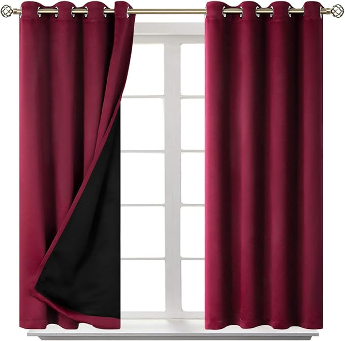 BGment Short 100% Blackout Curtains for Bedroom, Thermal Insulated Lined Energy Efficiency Noise Reducing Grommet Curtains 45 Inch Length for Small Window 2 Panels Each 52 Inch Wide, Burgundy Red