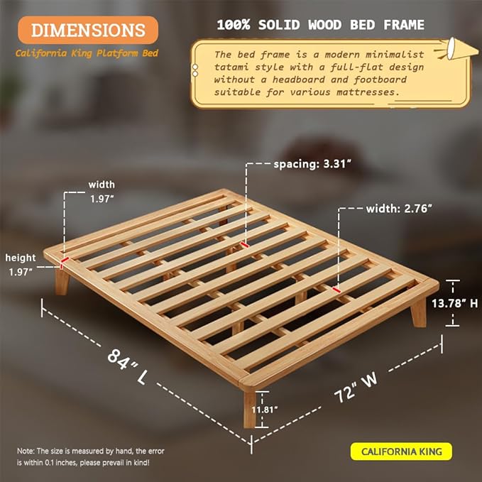 California-King Platform Bed Base - 14 Inch Solid Wood Mattress Foundation with Support Slats and Legs, California King Size Rubberwood Simple Bed Frame