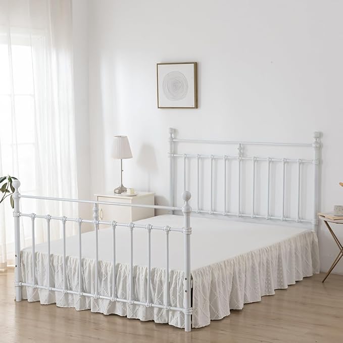 Bed Skirt King Size Ruffled Bed Skirt with Split Corners, 18 Inch Drop Dust Ruffle Bed Skirts with Platform, Boho Tufted Shabby Chic King Size Bed Skirts, Ivory