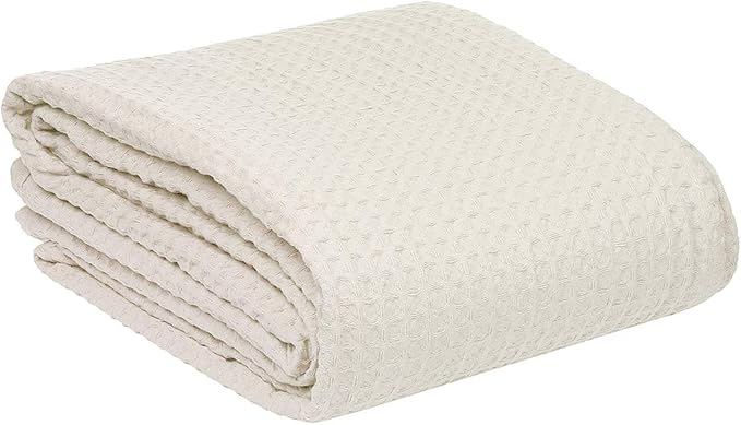 HILLFAIR 100% Combed Cotton Blanket– Queen Size Bed Blanket– Warm Soft All Season Breathable Lightweight Summer Blankets– Waffle Weave Home Decor Bed Blanket- Ivory Queen Bed Cotton Blankets/Bedcover