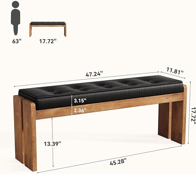 47-Inch Solid Wood Entryway Bench, Modern End of Bed Bench with Button-Tufted Leather Pad and Wooden Legs, for Living Room, Bedroom, Kitchen, Hallway, Black & Brown