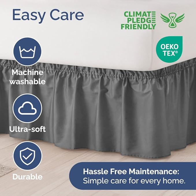 Wrap Around Dust Ruffle Bed Skirt - Dark Grey - for Queen Size Beds w/ 16 Inch Drop - Easy Fit Elastic Strap - Adjustable Pleated Bedskirt with Brushed Fabric, Wrinkle Free Women, Men, Kids and Teens